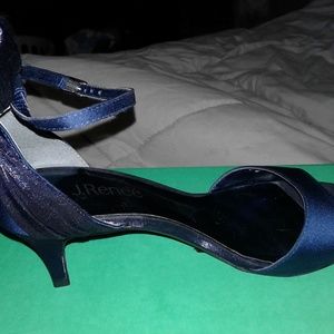 Sz 8 Navy Blue Satin Ankle Strap 2 3/4 in. heels